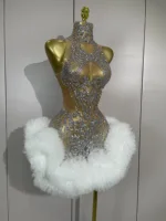 STOCK Diamonds Mesh Sexy See Through Cocktail Mini Dress Women Eveing Luxury Birthday Party Singer Nightclub Show Stage Costume - Image 4