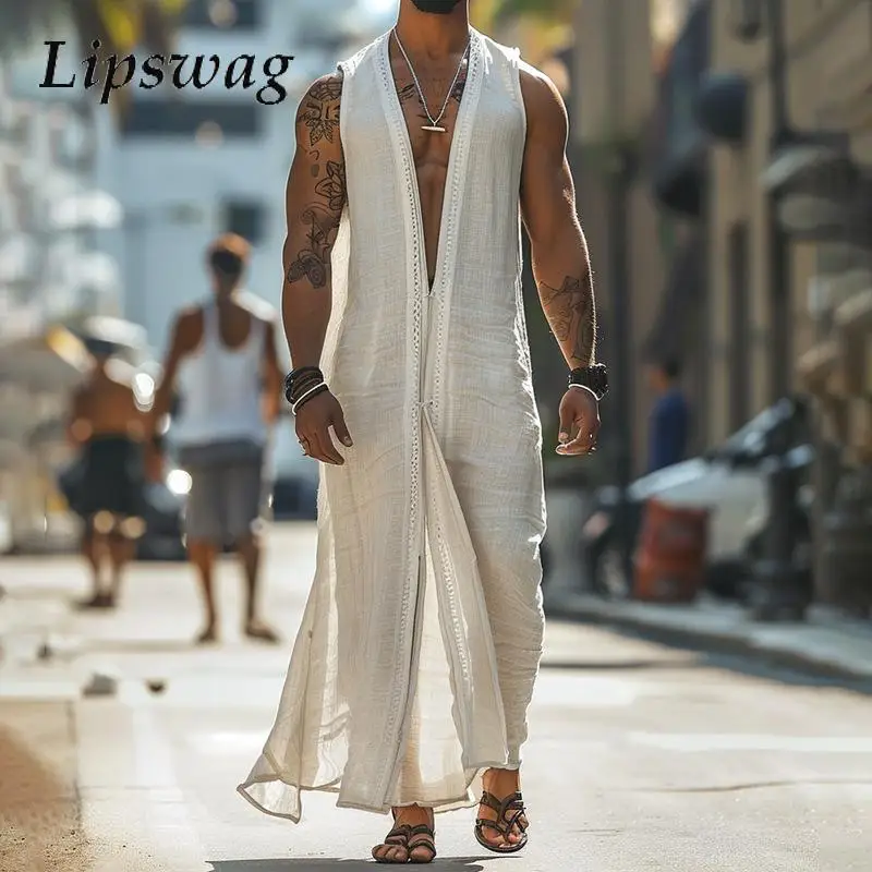 

Vintage V Neck Sleeveless White Robe Men Vacation Casual Solid Color Loose Caftan Summer Leisure Breathable Long Cardigan Mens