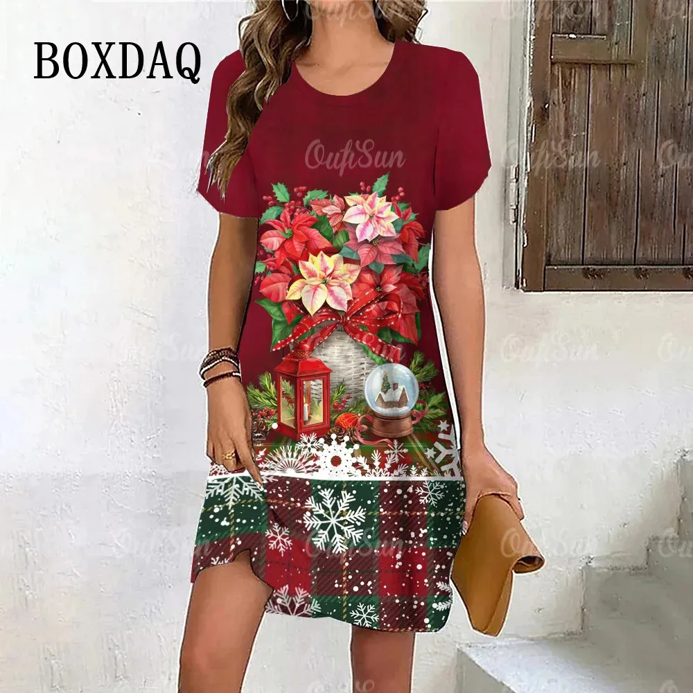 Christmas Theme Dress For Women Christmas Plaid Print Winter Short Sleeve Fashion Pullover Evening Dress Sexy Party Clothes 2023