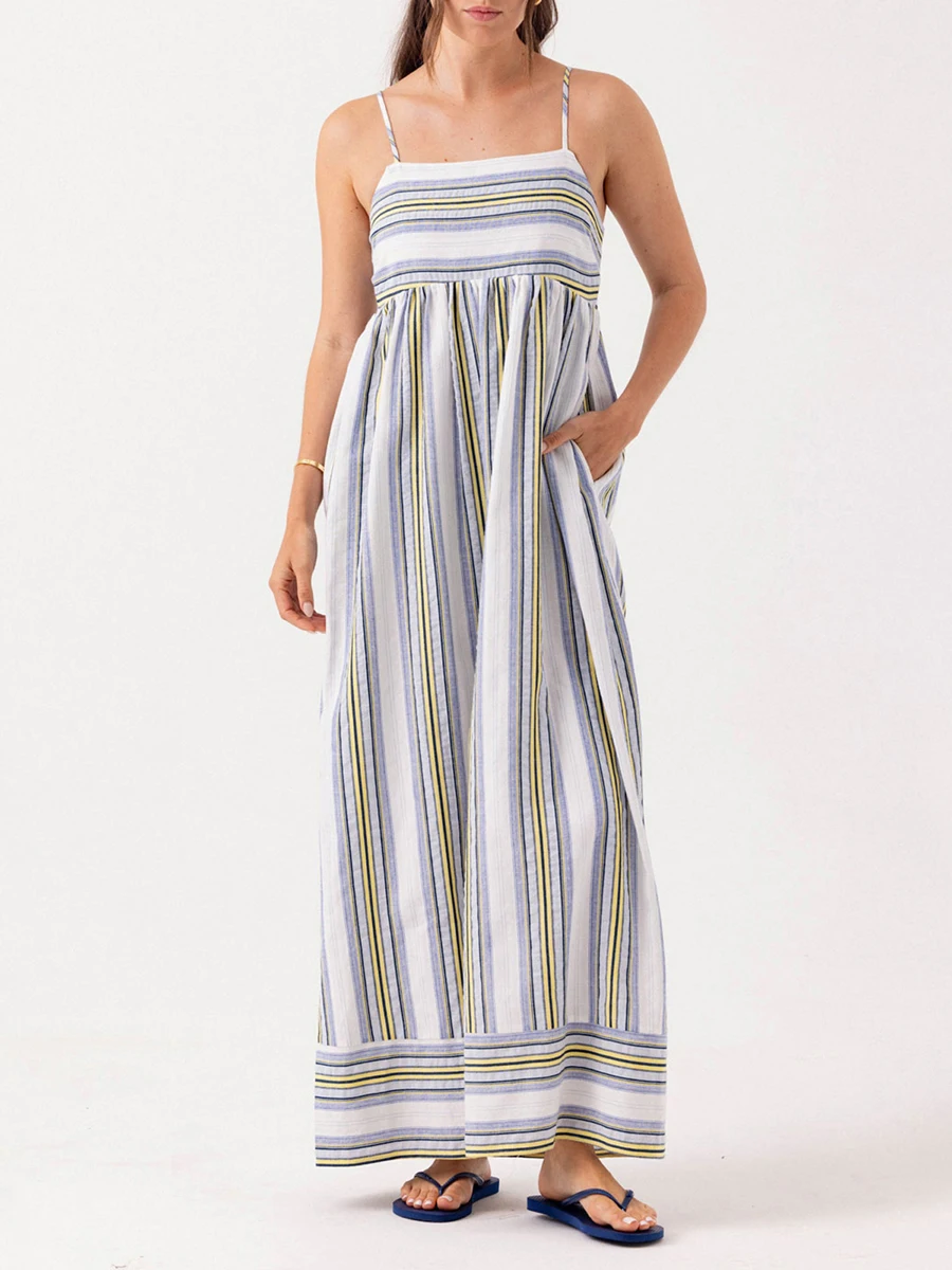 

Women Striped Print Long Dress Summer Spaghetti Strap Sleeveless Square Neck Backless Smocked Beach Dresses with Pockets Daily