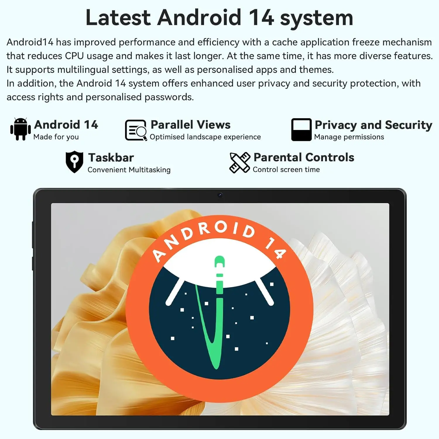 URAO Android Tablet 10 Inch Octa Core Android 14 PC Tablet Widevine L1 8GB RAM 64GB ROM 1TB TF 5000mAh Dual Camera Studying Tab