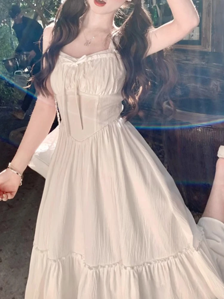 Süße weiße Riemen Dr Damen Sommer neue kleine Größe Strand Urlaub langen Rock koreanische Sle hohe Taille Polyesterfaser