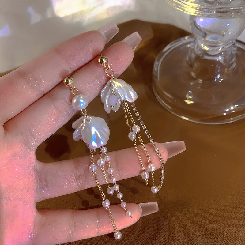 925 Silver Needle Korean Fashion White Petal Flower Earrings For Women Jewelry 2024 Trending Pearl Crystal Long Tassel Earrings