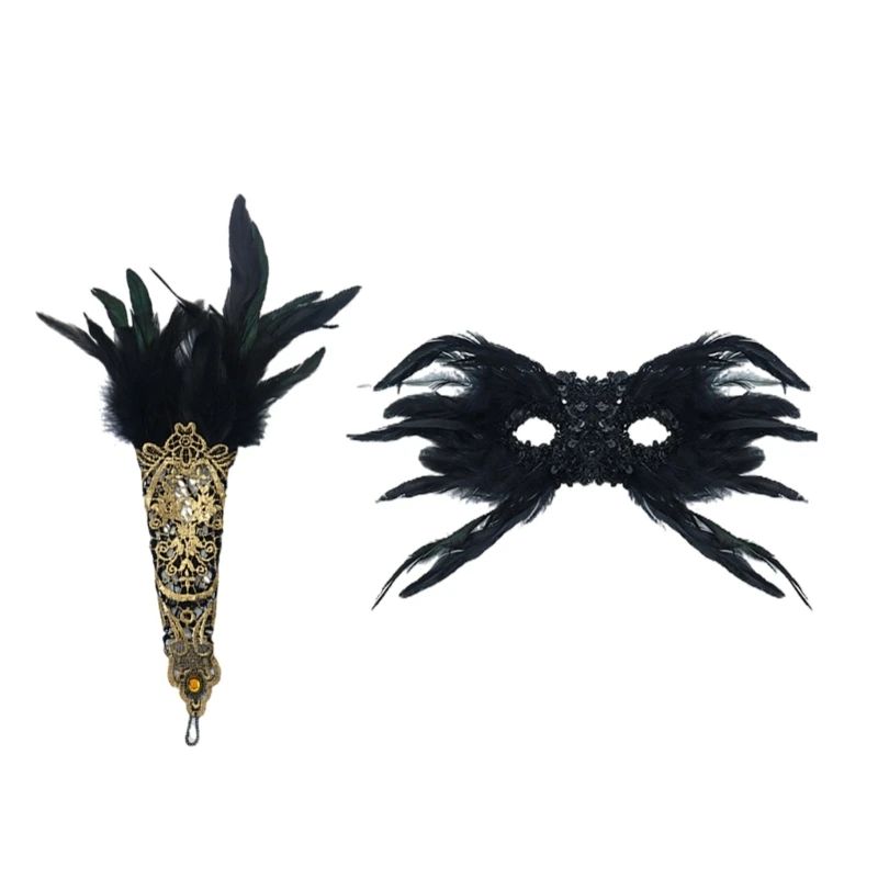 3 Pcs 20's Theme Set Masquerade Mask Long Gloves 1920s Accessories 20s Headpiece 1920s Gatsby Accessories Set Party Mask image 4