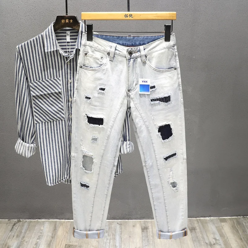 High End Trendy Light Blue Patchwork Distressed Jeans For Men'S Spring New Embroidered Patch Slim Fit Straight Leg Pants