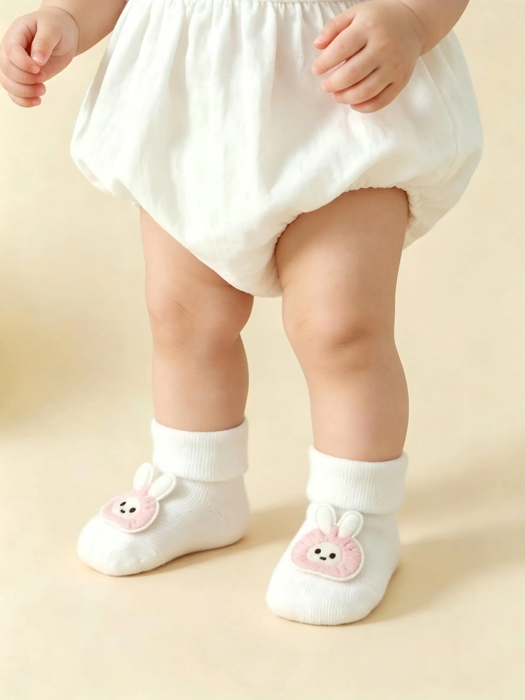 2 Pairs Baby Girl Cuff Ankle Socks Cute 3D Patch Cherry Rabbit Decor Soft Toddler Socks 0-12M Daily Matching Infant Short Socks
