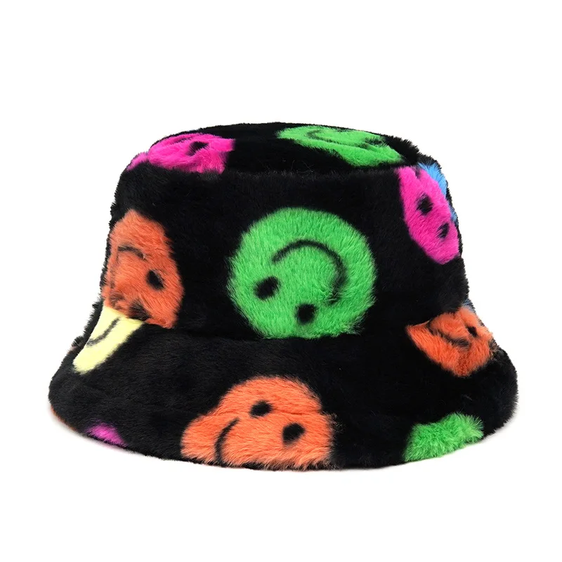 Smiling Face Printed Winter Thickened Fluffy Fur Bucket Hats Men Women Panama Hat Warm Fisherman Cap Autumn Outdoor Rabbit Hair