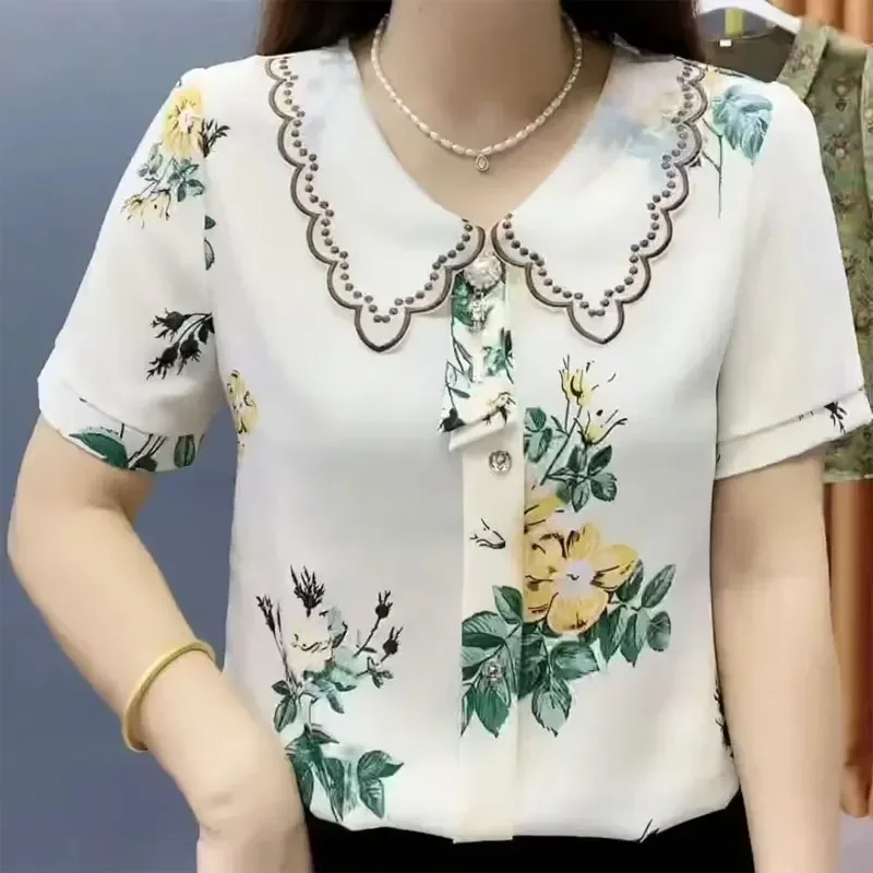 

Casual Sweet Peter Pan Collar Blouse Fashion Embroidery Summer Camellia Printed Clothing Short Sleeve Folk Spliced Shirt B51