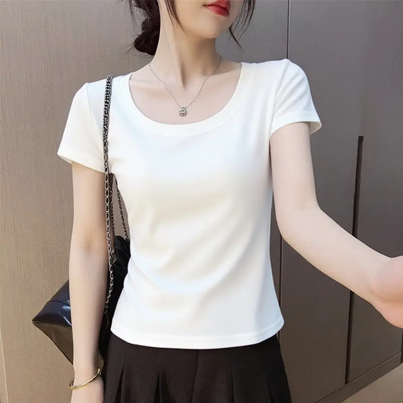 

White round Neck Short Sleeve Slim Fit T-Shirt Women's Summer New Style Base Shirt Pure Color Top Commute Korean Version