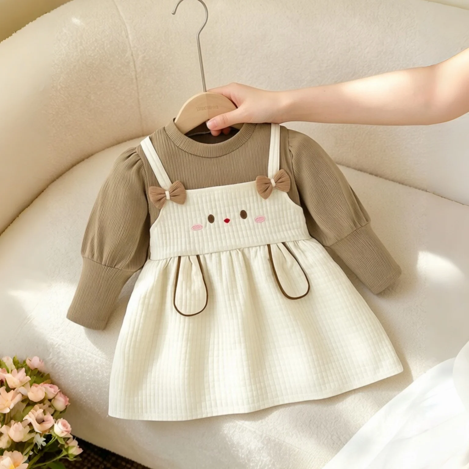 9 Months-3 Years Baby Girl Dress Autumn/Winter New Long Sleeved Cute Bunny Sweet Daily Outdoor Wear Soft Comfortable Baby Dress