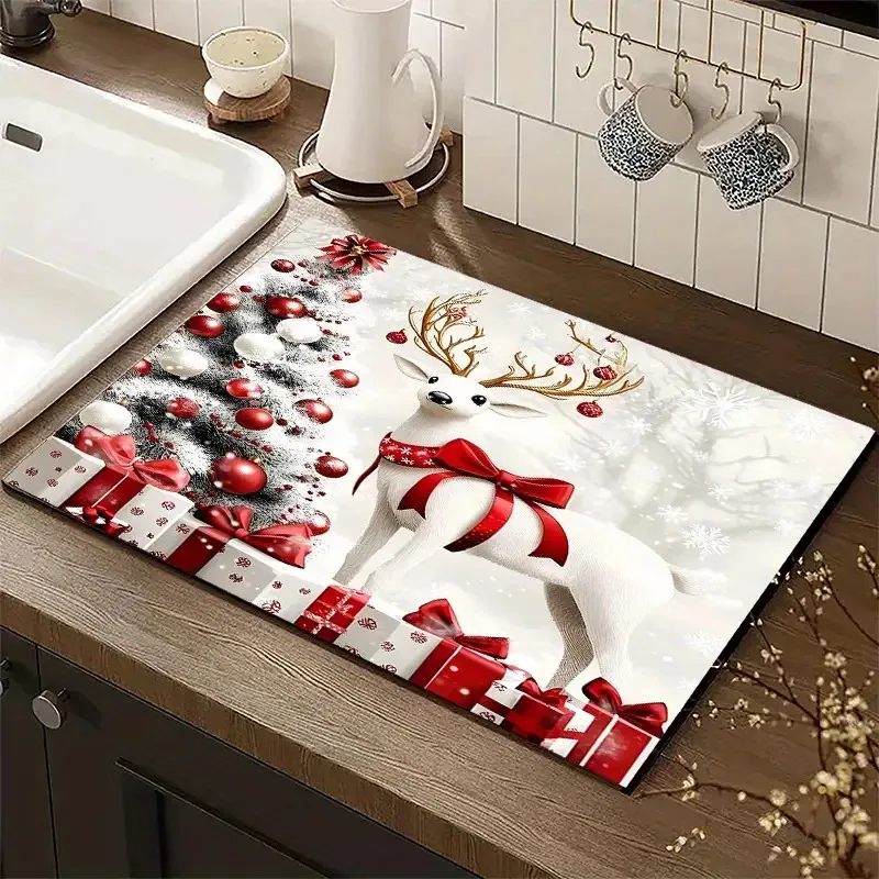 Kitchen Drainage Mat Christmas Reindeer Tree Cushion Super Absorbent Winter Snowflake Gift Box Countertop Placement Rug