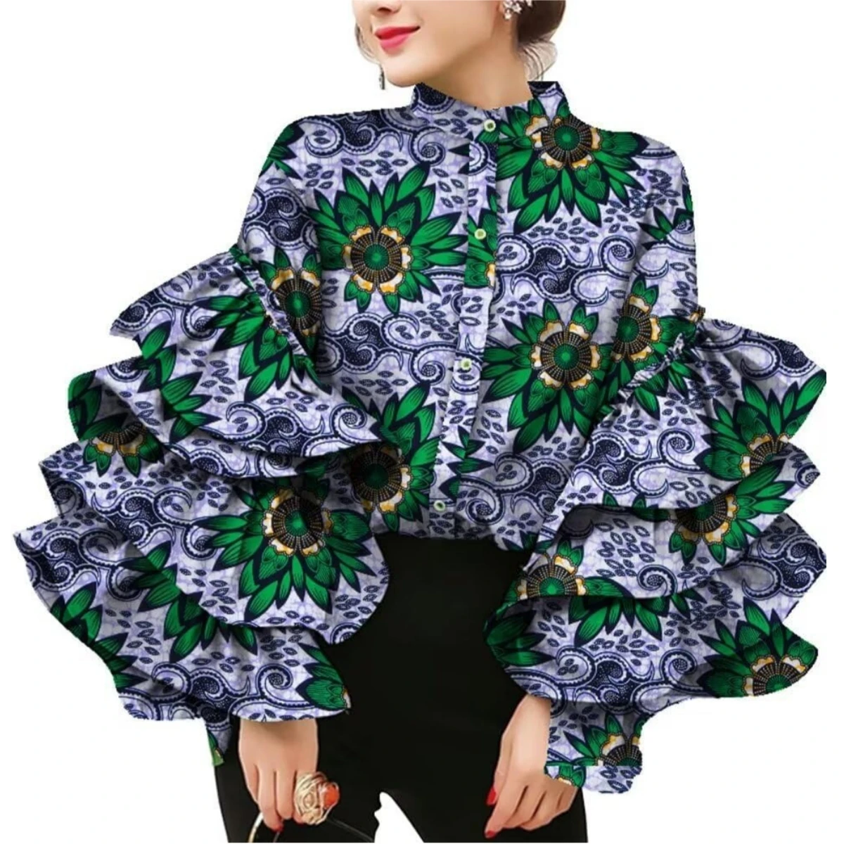 

Африканское платье, рубашка с воротником-стойкой, многослойные блузки с расклешенными рукавами для женщин, хлопковый топ с восковым принтом, большие размеры, женская одежда для вечеринок WY8635