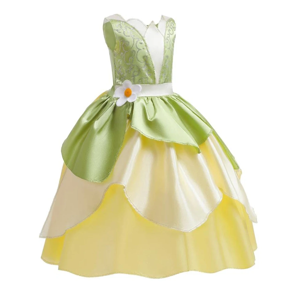 Princess Tiana Dress Girls Disney The Princess And The Frog Cartoon Cosplay Costume Halloween Party Costume Kid Green Fairy Sets