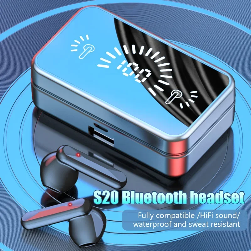 S20 Wireless Bluetooth Headset Mirror Stereo Wireless Headphones with Digital Display Touch Control Sports Earbuds for Gaming