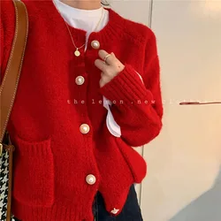 Red Texture Soft Waxy Knit Cardigan Pearl Button Design Sense Single-Breasted Sweater Women's Christmas O-neck Casual Loose Coat