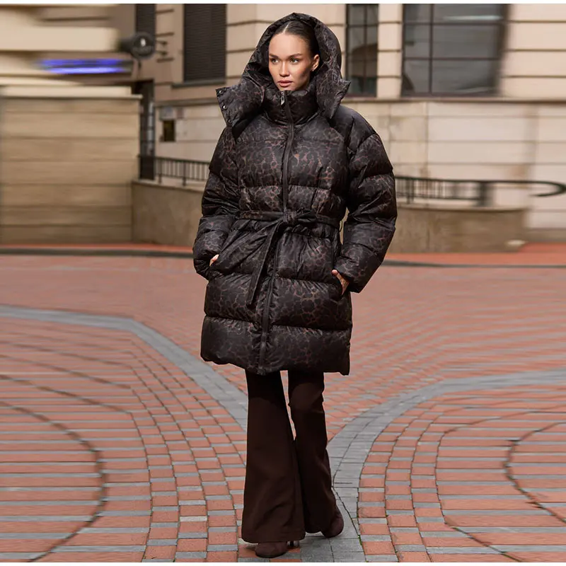 Leopard Print Hooded Puffer Women's Winter Coat Belted Waist Midi Length Padded Jackets for Woman Jacket Warm Streetwear