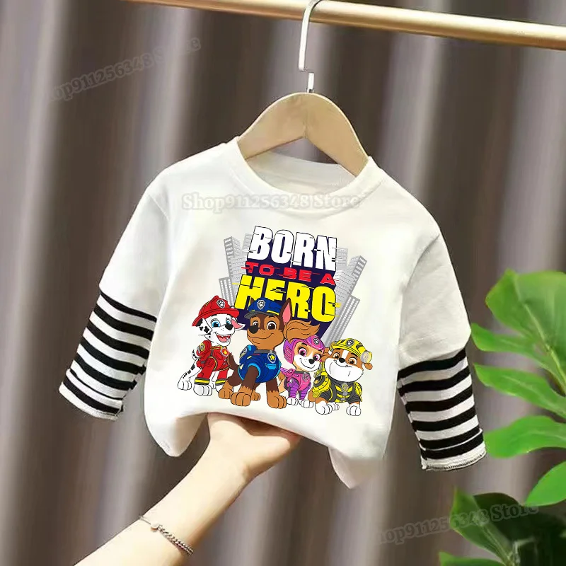 Paw Patrols Striped Long Sleeved Printed T-shirt Cartoon Anime Figure Chase Skye Cute Tee Tops Spring Long Sleeve Clothes Gift