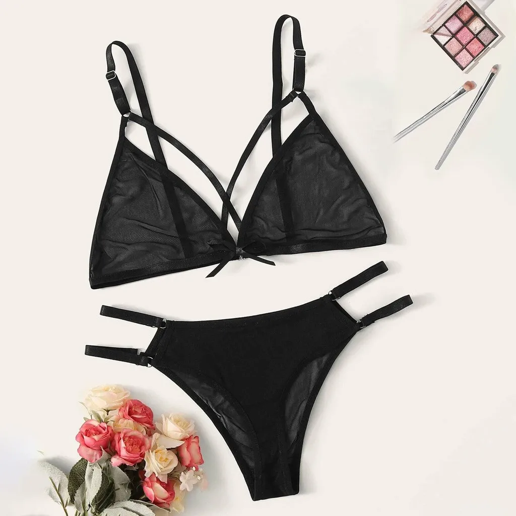 Sexy Lace Lingerie Set Women's Underwear Transparent Mesh Strappy Bra Party Sets Lace Black Lingerie Bra Set Underwear Set