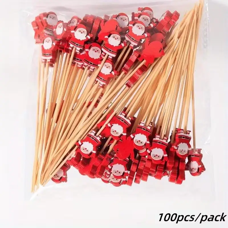 100 Stück Weihnachts-Einweg-Bambusspieße, Weihnachtsmann, Xmax-Baum, Obstgabel, Buffet, Dessert, Cocktailstäbchen, Weihnachtsdekoration