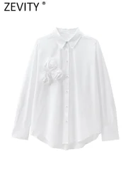 Zevity 2024 Women Fashion Three Floral Appliques Breasted White Poplin Blouse Office Lady Business Shirt Blusas Chic Tops LS7322