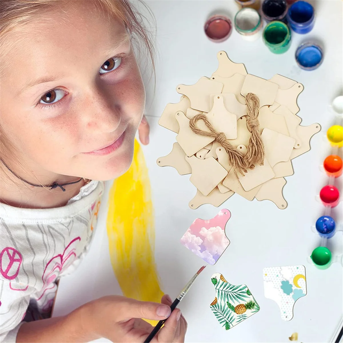 Wooden Cow Ear Tags Ornaments to Paint 40 Pcs, DIY Blank Unfinished Wood Labels Ornament for Crafts Hanging