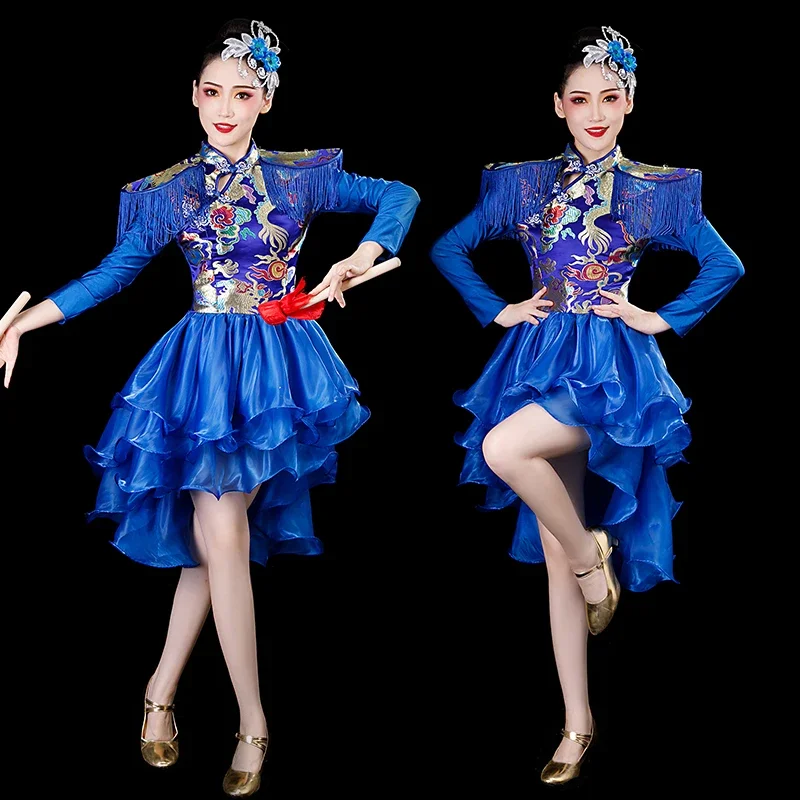 Traje de dança estilo chinês para dança moderna, tambor d'água, abertura étnica Tutu