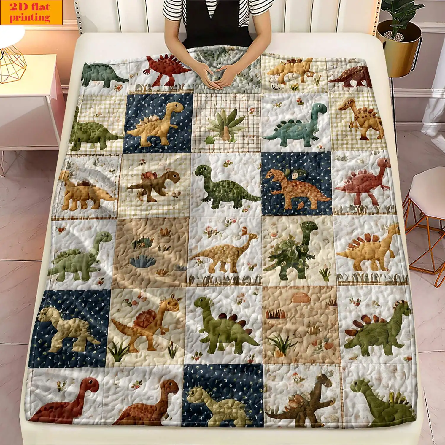 Multi Square Patchwork Cute Dinosaur Plant Plaid Back Fleece Blanket Cozy Light Throw For Bed Travel Dorm Boy Decor Present