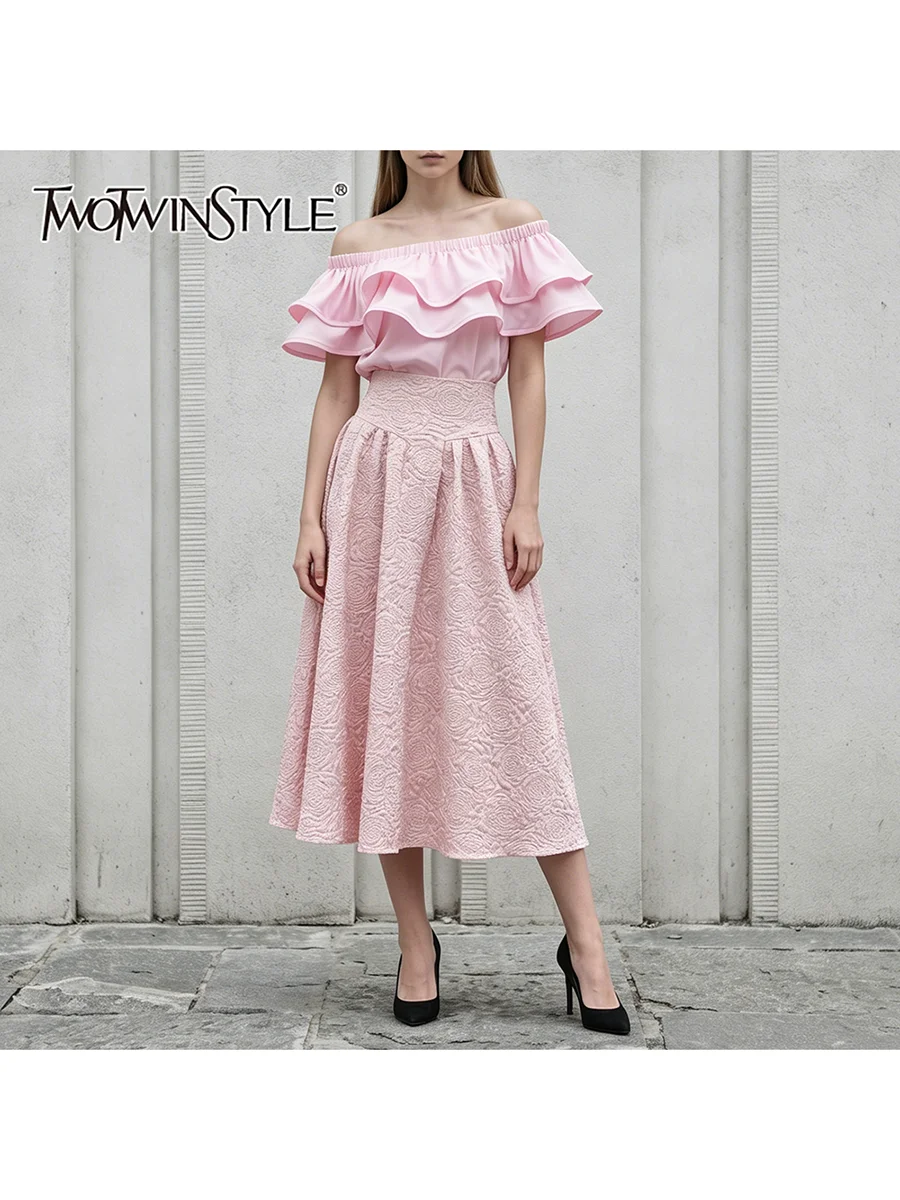 

TWOTWINSTYLE Casual Two Piece Sets for Women Slash Neck Short Sleeve Top High Waist A Line Skirt Folds Set Female Fashion 2026