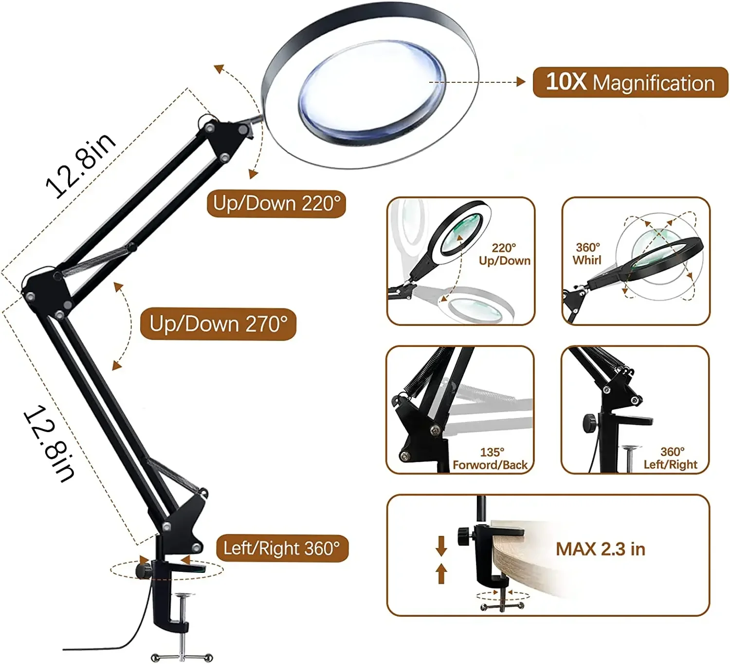 10X Illuminated Magnifier USB 3 Colors 64 LED Light Magnifying Glass for Soldering Iron Repair/Table Lamp/Skincare Beauty Tool