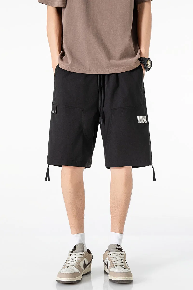 Celana pendek warna solid pria dengan desain ritsleting samping, celana pendek serut elastis kasual, pinggang longgar dan bernapas, spo cepat kering