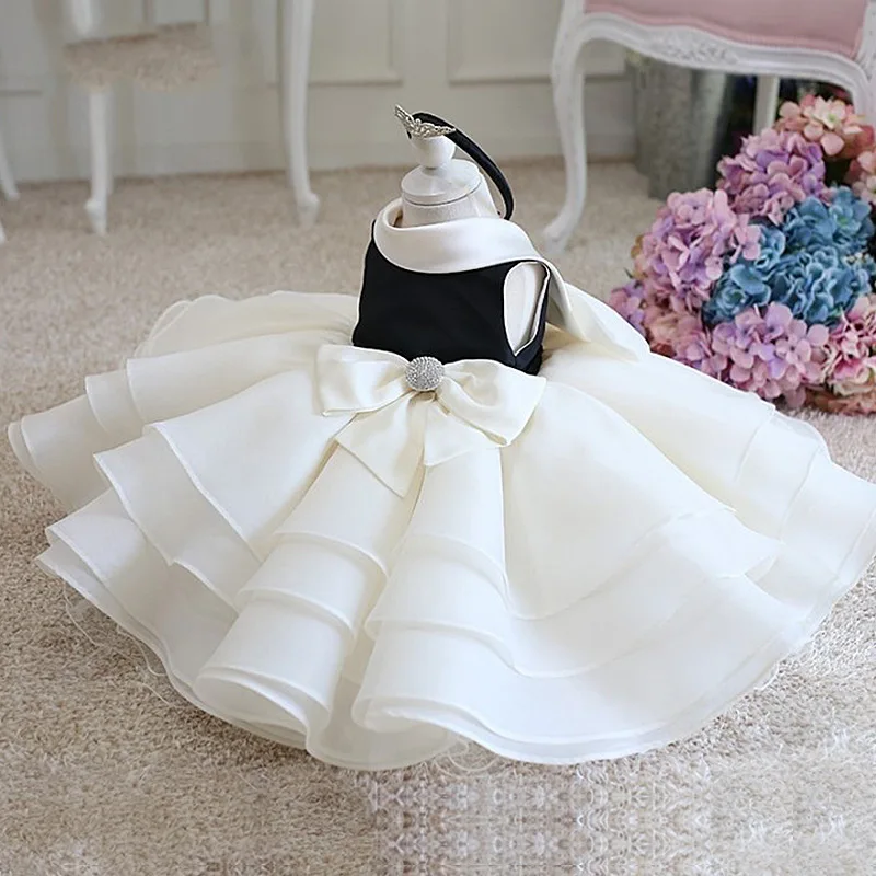 Vestido de Organza escalonado para niña, vestido blanco y negro de flores para fiesta de boda, vestido de princesa de primer cumpleaños para niñas de 1 a 14 años