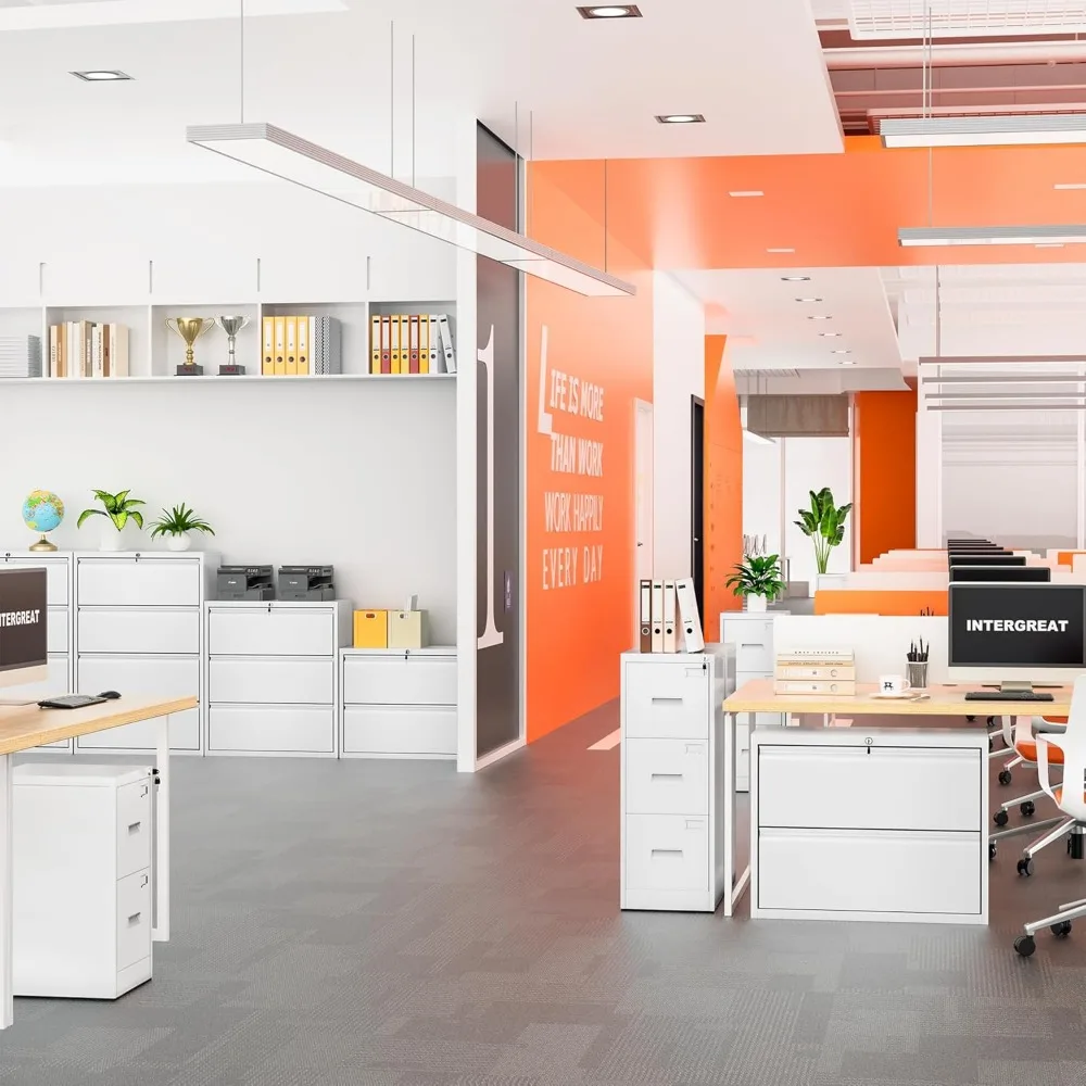 خزانة ملفات مكتبية مع قفل، خزانة ملفات جانبية بيضاء ذات درجين، منظم تخزين واسع من الفولاذ للمستندات المكتبية