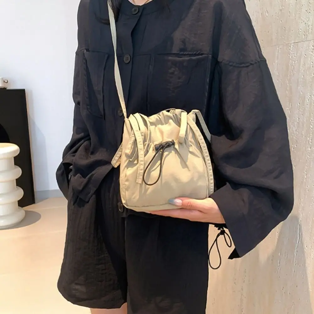 Cute Korean Style Drawstring Canvas Bag Crossbody Bag Purse Nylon Shoulder Bag Solid Color Wallet Mobile Phone Bag Outdoor