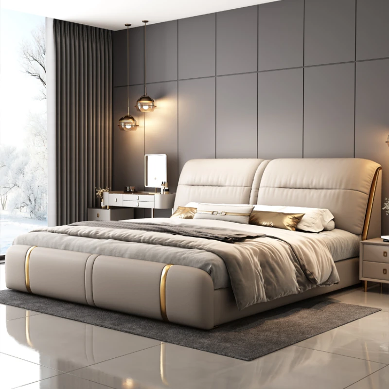 

Pretty Luxury Modern Double Bed Frame Storage Elegant Light Italian Leather Bed Adults Villa Camas De Dormitorio Bedroom Set