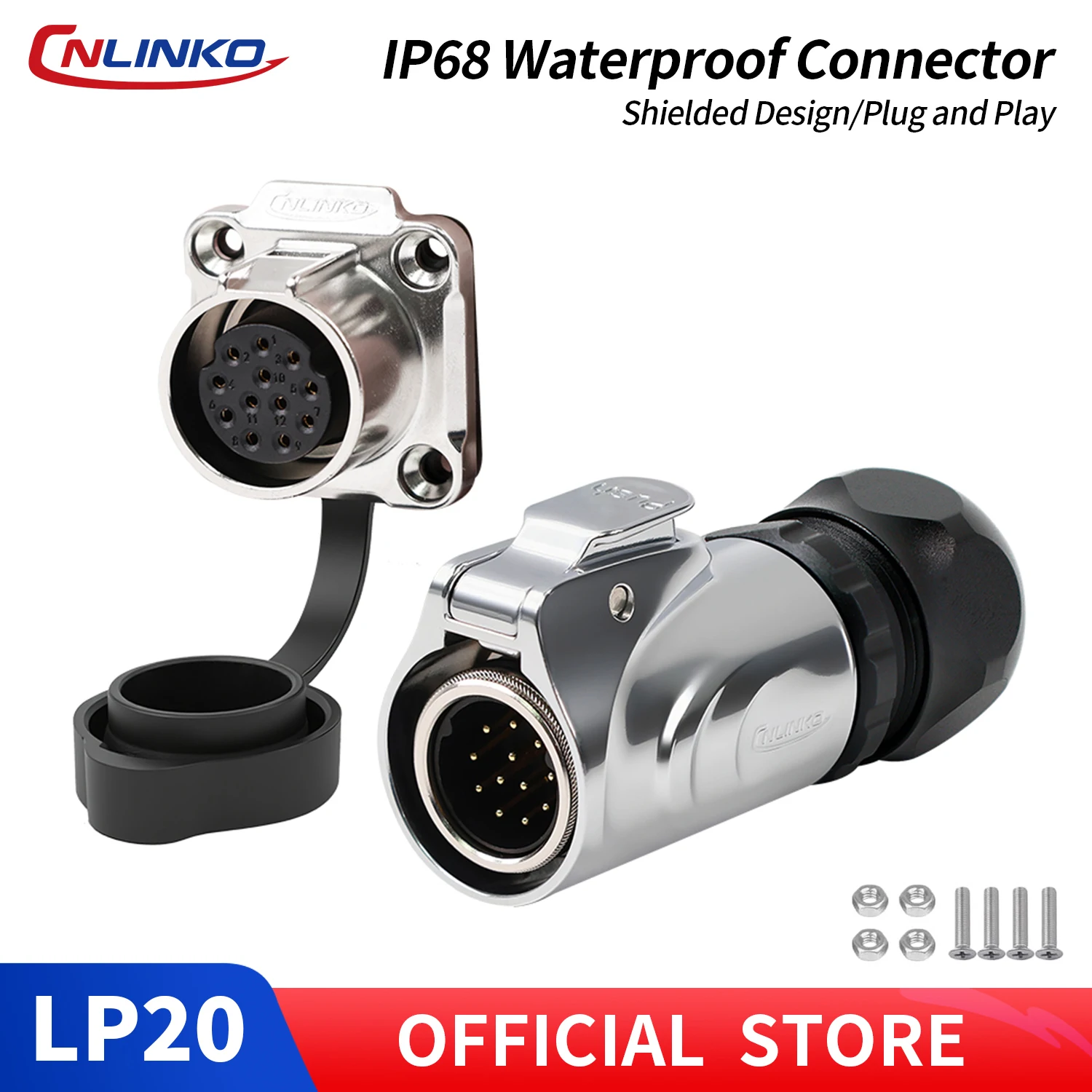 CNLINKO LP20 2-14Pin Metal Shielded Waterproof Connector IP68 20A 500V Solder Type Circular Plug & Socket for 5G Base Stations