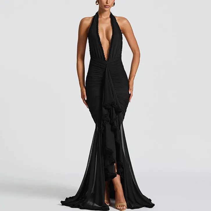

Mesh Patchwork Evening Dress Women Spring Summer V Neck Halter Neck Dresses Bodycon Sheath Wedding Party Gown Outfit Clothes