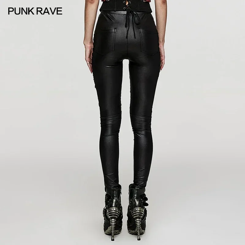 PUNK RAVE Women\'s Punk Symmetrical Design Slim Fit Black Skinny Pants Elastic Drawstring Streetwear Leggings Women Clothes