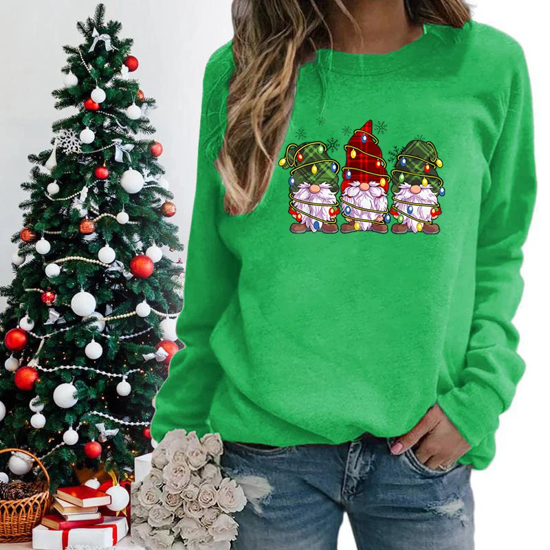 Christmas Lights Gnomes Print Sweatshirts For Women Winter Casual Long Sleeves Ladies Round Neck Pullovers Christmas Sweatshirt