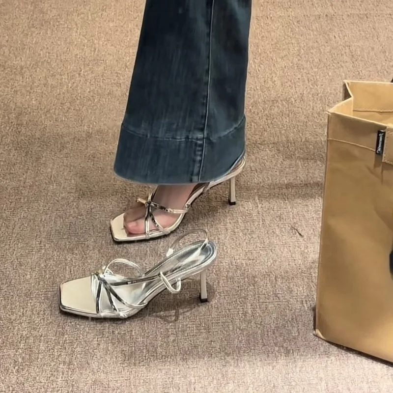 

Summer Women's High Heels Square Head Design High Heeled Sandals Fashion Slanted Back Open Toe Sandals Party Dress Sandals Pumps