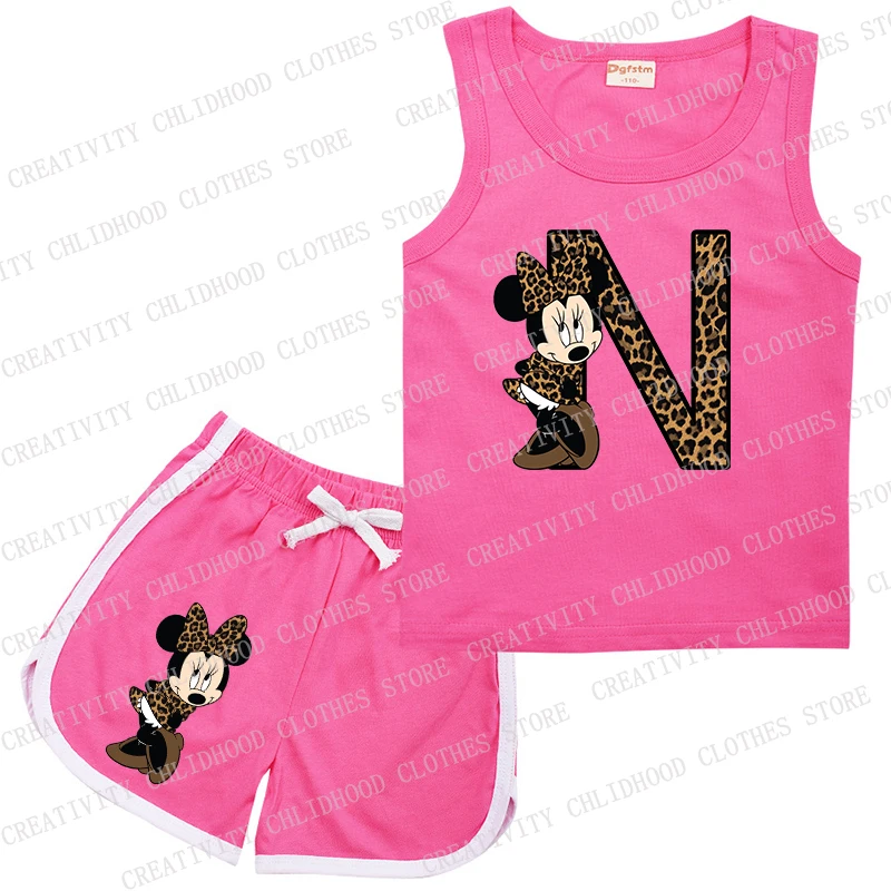 Disney-conjuntos esportivos sem mangas para crianças, Minnie Leopard, colete e shorts com letra ABCD, roupas casuais para menina e menino, roupas infantis, 2PCs