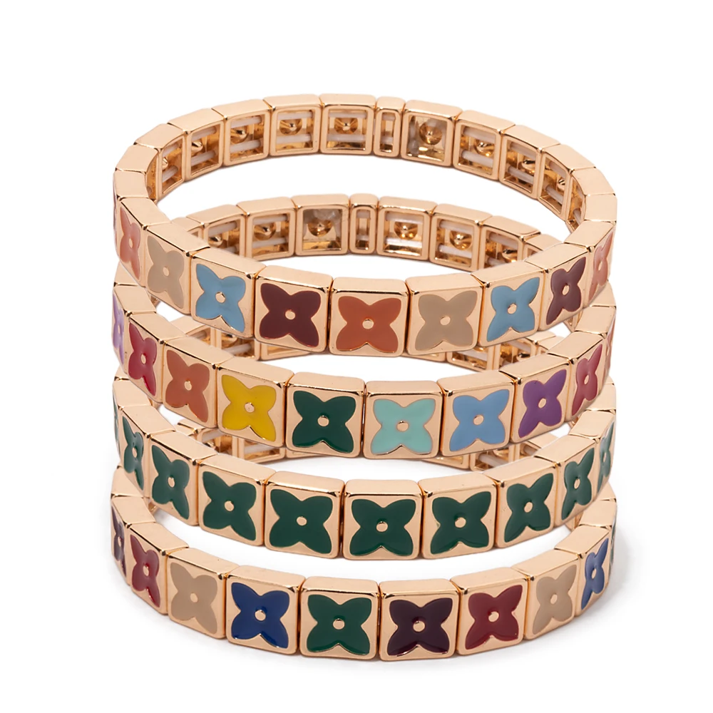 

8mm Gold Color Drop Oil Flower Beaded Bracelets For Women Hand Made Elastic Colorful Bangle