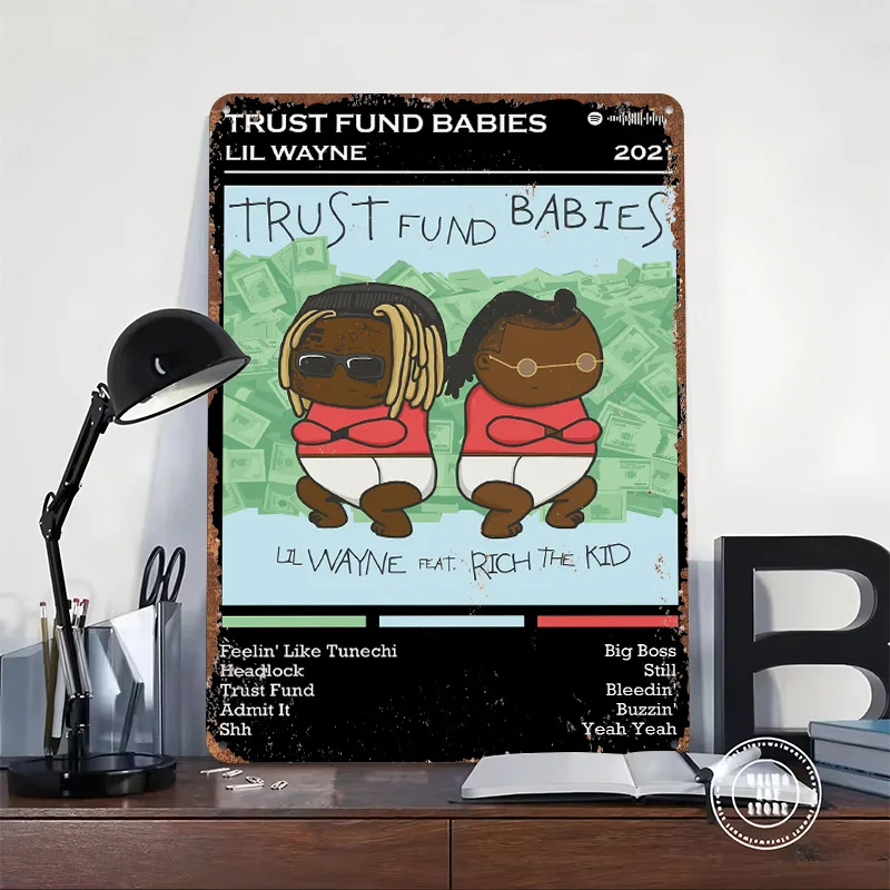Trust Fund Babies Album Cover Poster Retro 3D Printed Metal Signs Customized Wall Hanging Gift for Gaming Room Decoration Cozy