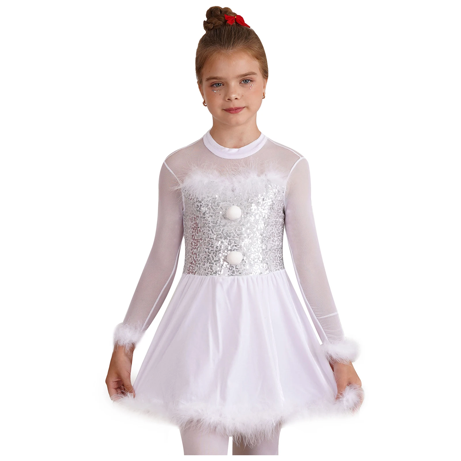 Kids Girl Christmas Ballet Dance Skating Dress Xmas Party Halloween Cosplay Costume Long Sleeve Sequin Feather Mesh Leotard Tutu