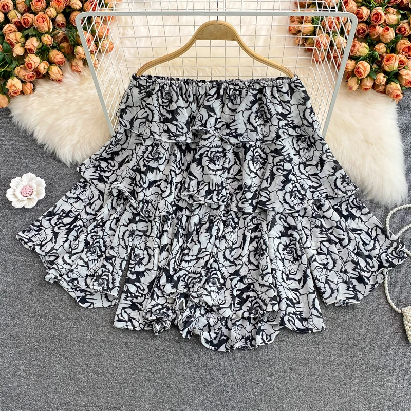 ゆったりとした花柄プリントのワンショルダートップス、ベルスリーブ、ランタンスリーブ、韓国風スリーブ、通勤用ロングスリーブトップス、若い女性向け