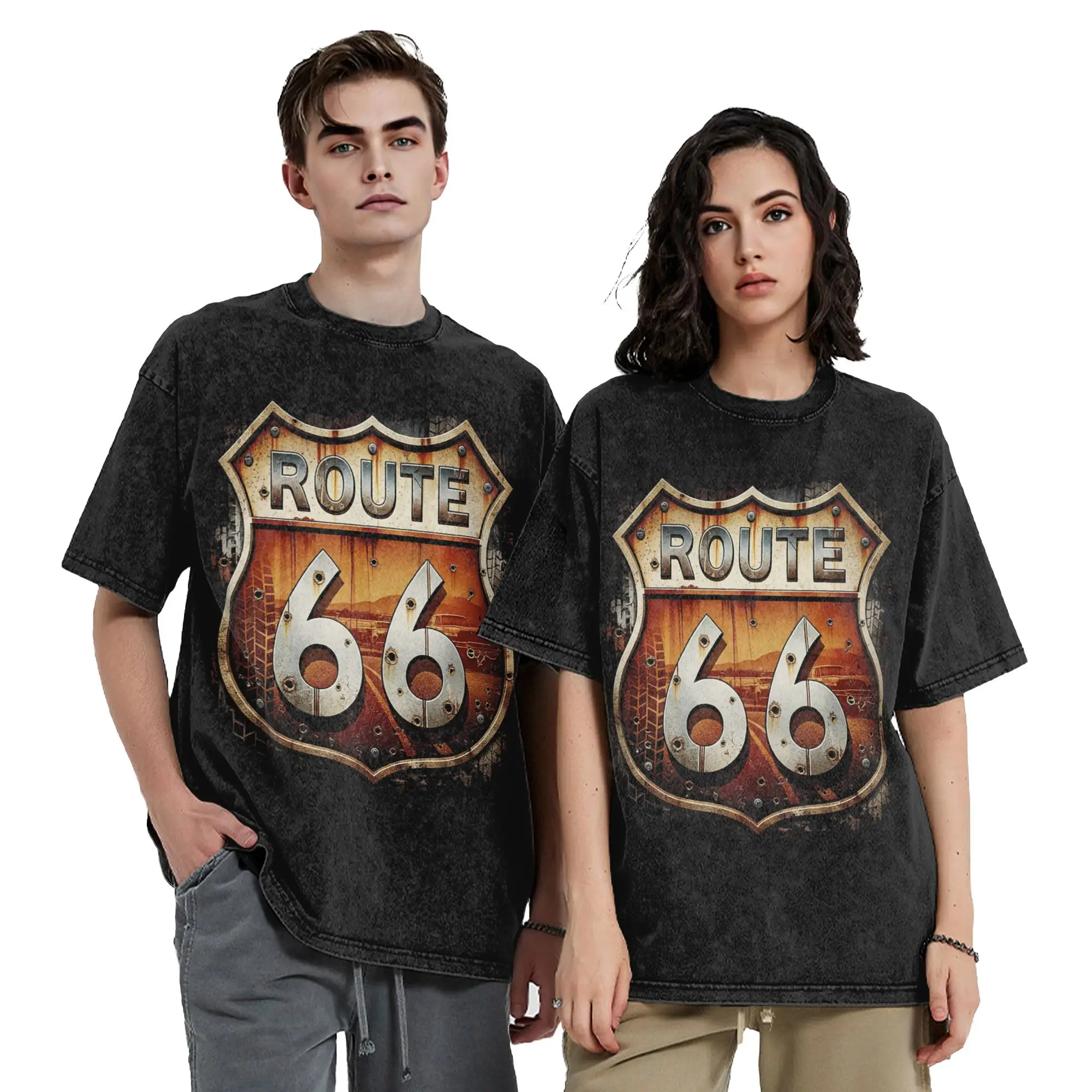 Rusted Route 66 Shield Washed T Shirts Streetwear Hip Hop Novelty T-Shirt  Tees for Men Women Short Sleeve Oversize Printed