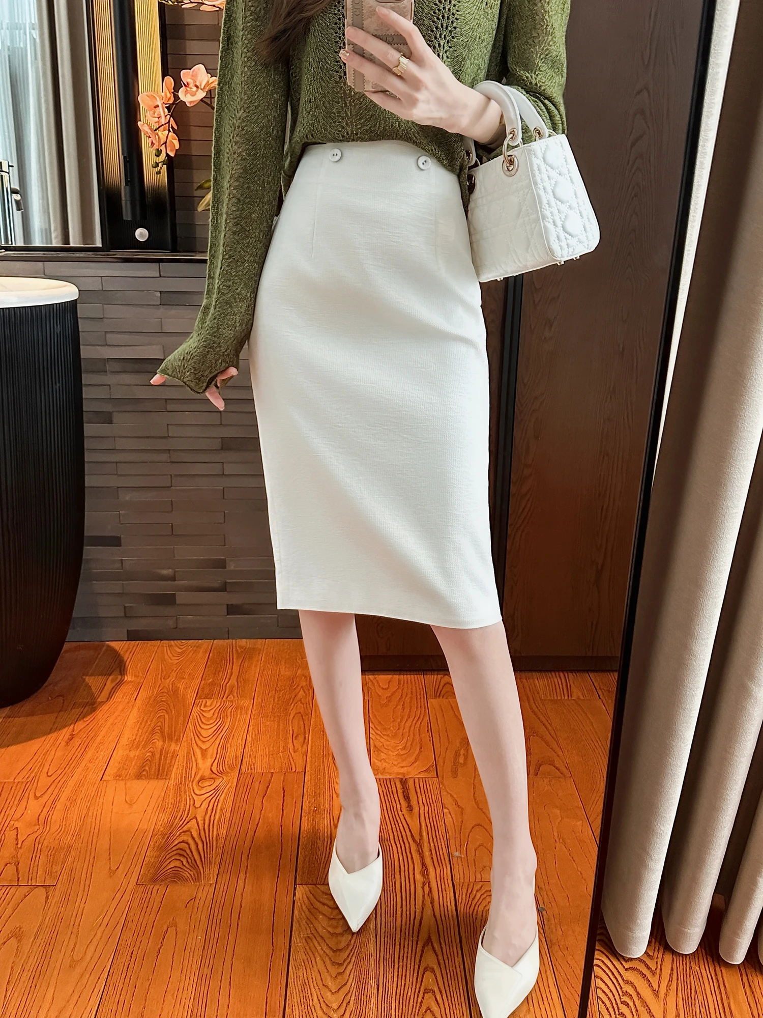 

High Waist Double Bule White f Skirt Tailored Fit Comfortable Upper Body Ele Sle Commute OL Faion Ci Commute
