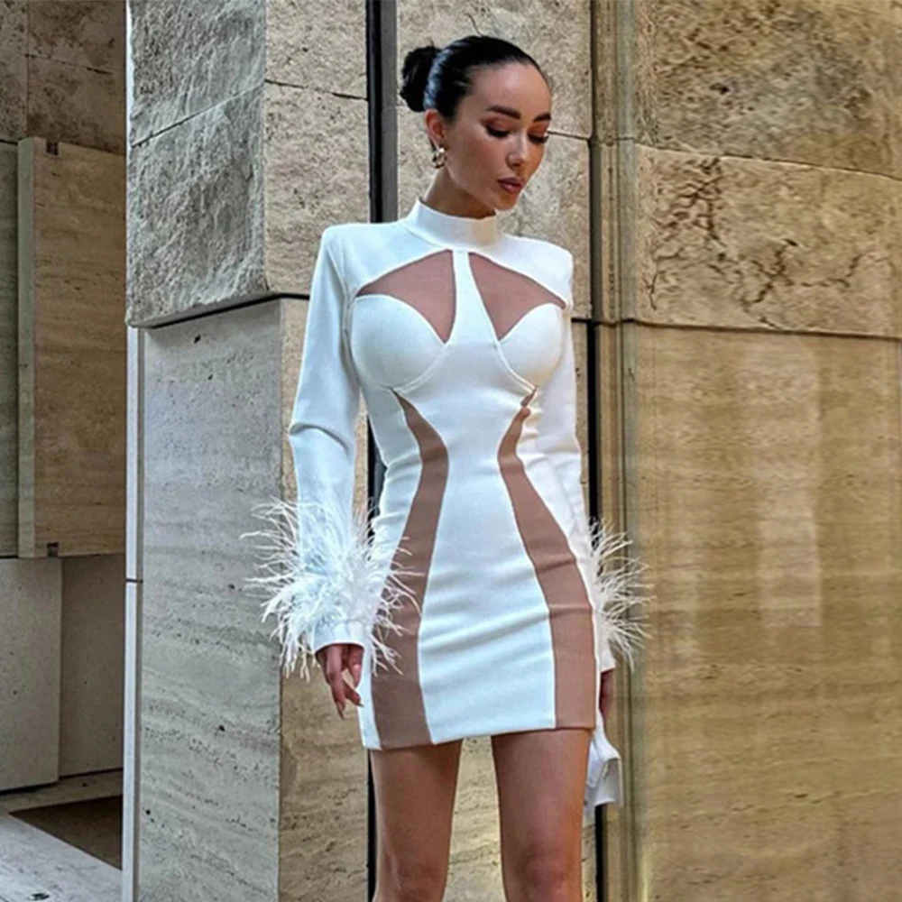 2023 New Fashion Feathers Bandage Dresses Woman Bodycon Long Sleeve Clothes Celebrity Club Party Mini Dresses