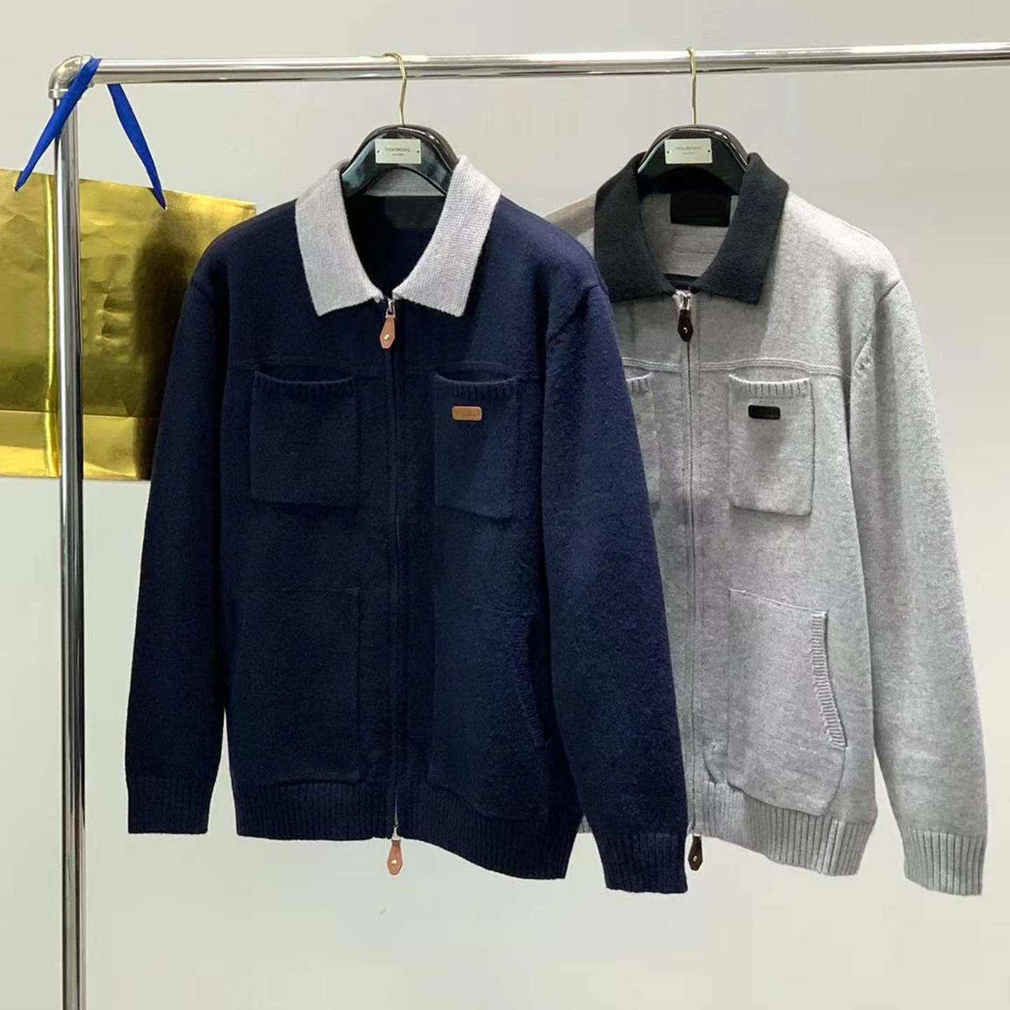 

LP 25aw Double Pocket Leather Lapel Knitted Jacket