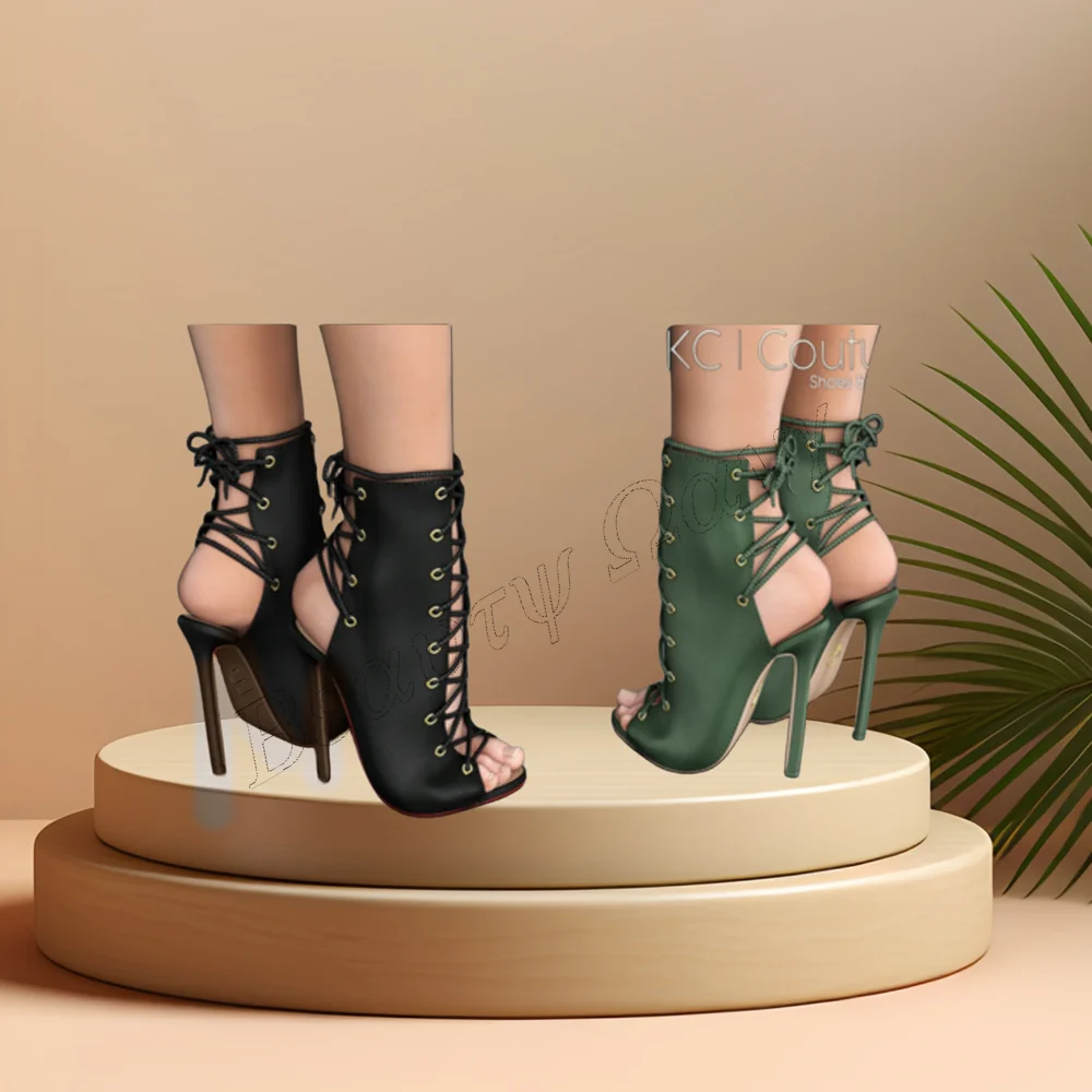 

Black Lace up Cut Heel Boots Open Toe Solid Thin Spike High Heel Shoes for Women PointedToe High Heels 2023 Zapatos Para Mujere