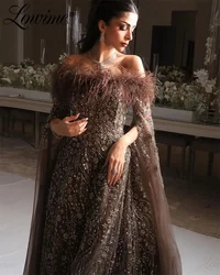 Brown Feathers Off The Shoulder Prom Dress Dubai Evening Dresses Arabic Long Customized Beaded Floral Prom Dress Robes De Soiree